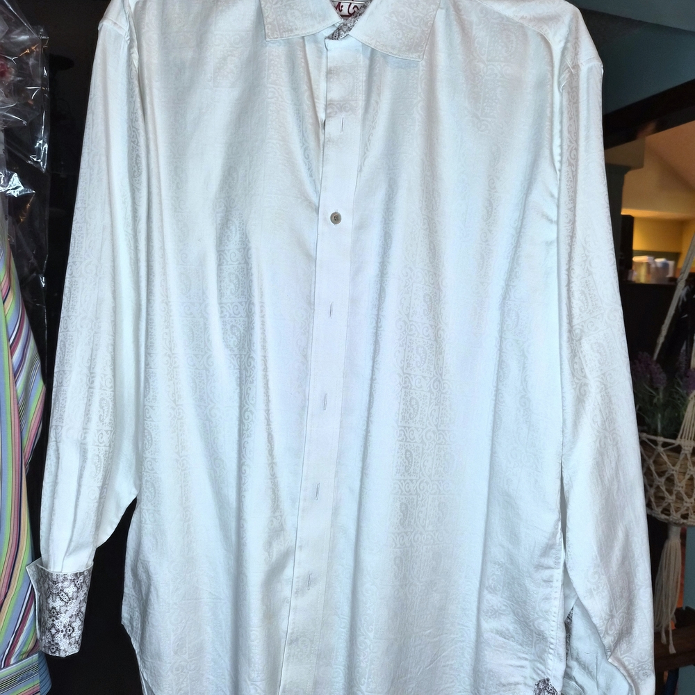 Robert Graham White Silver Grey Paisley Dress Shirt Long Sleeve XL